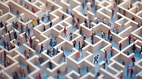Fototapeta Miniature people navigating a complex white maze structure overhead