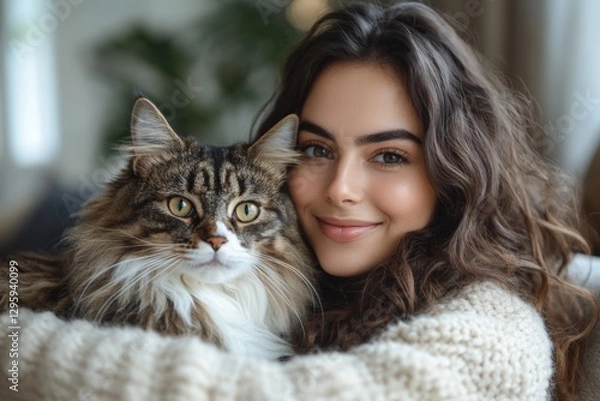 Obraz Young woman enjoys cozy moment with her fluffy cat in a warm, inviting indoor setting