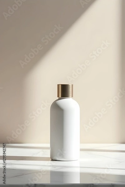Obraz High end cosmetic bottle with a sleek and elegant custom label, placed on a marble countertop with soft shadows and natural light reflections. Cosmetic product presentation with background