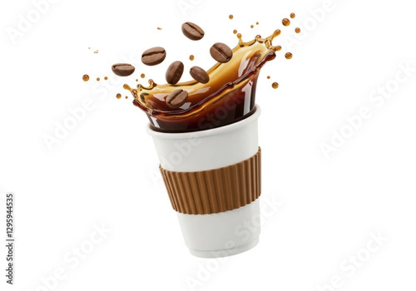 Obraz Isolated Coffee Cup with Dynamic Splash and Floating Beans