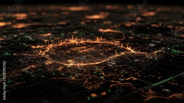 Fototapeta A stunning aerial view of a city at night, illuminated by vibrant orange lights, showcasing urban structures and road networks in an intricate layout.