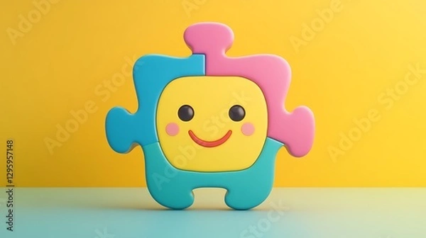 Fototapeta Cute Smiling Puzzle Piece  Symbol of Childhood, Play, and Learning