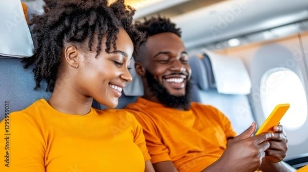 Fototapeta Happy couple enjoying travel together on airplane, using smartphone while sitting in comfortable seats with bright orange shirts