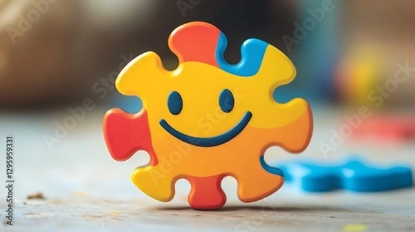 Fototapeta Cute Smiling Puzzle Piece  Symbol of Childhood, Play, and Learning