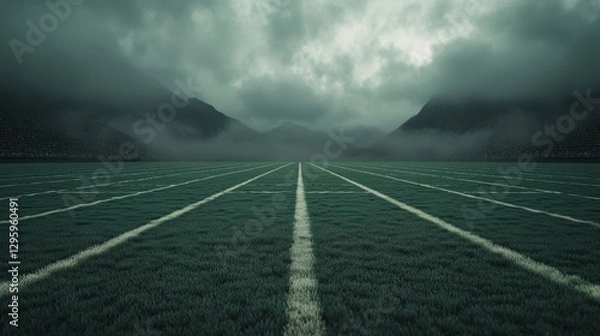 Fototapeta Mysterious Sports Field Surrounded by Fog and Mountains