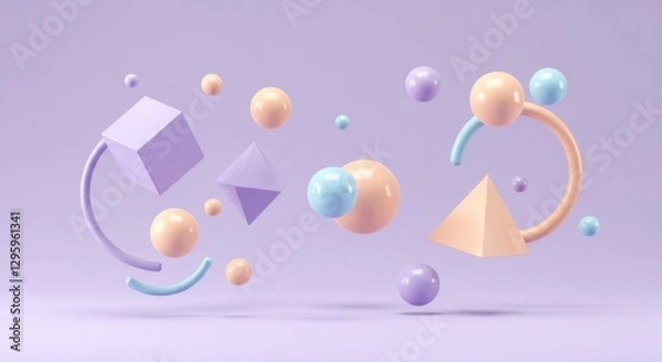 Fototapeta A surreal abstract composition of floating geometric shapes in pastel colors, soft gradients, dreamy and ethereal