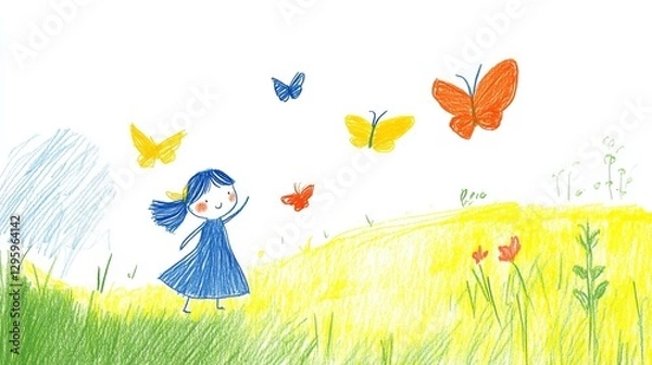 Fototapeta A young girl in a blue dress watches colorful butterflies flutter above a yellow field. The illustration is done in a crayon like style