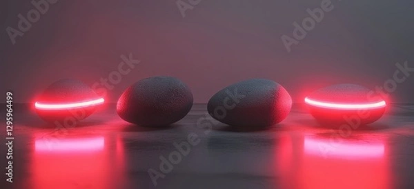 Obraz Futuristic Dark Textured Pebbles With Neon Red Glow In A Sci-Fi Minimalist Setting