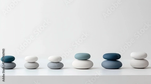 Fototapeta Minimalist Zen Stone Stacks Arranged On White Surface In Neutral Tones