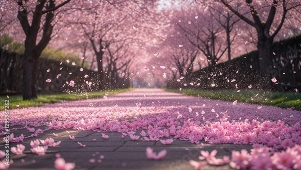 Fototapeta 春風に舞う桜の道 – 花びらが描く幻想的な景色