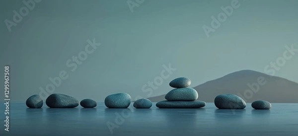 Fototapeta Zen Stone Arrangement With Tranquil Blue Tones Creating A Minimalist And Serene Landscape Scene