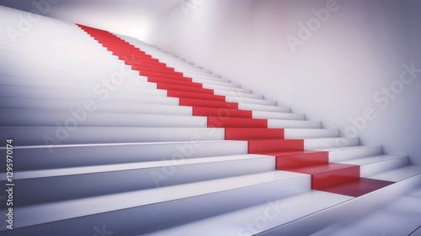 Fototapeta Abstract staircase with a bold red stripe running through the center, creating a visually striking contrast against the minimalist white surroundings