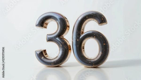 Fototapeta Elegant 3D-rendered number 36 with a metallic gold and black glossy finish, set against a clean white background