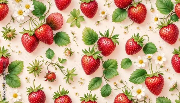 Fototapeta Spring-themed seamless pattern featuring vibrant red strawberries with lush green leaves and delicate white flowers on a soft beige background