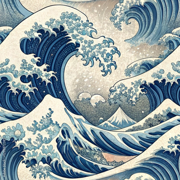 Fototapeta Seamless Japanese wave pattern in blue tones