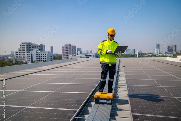 Fototapeta The technician Inspecting Solar Panels on a Factory Roof. An engineer wearing safety gear performing maintenance on solar panels installed on a factory rooftop, ensuring optimal energy efficiency.