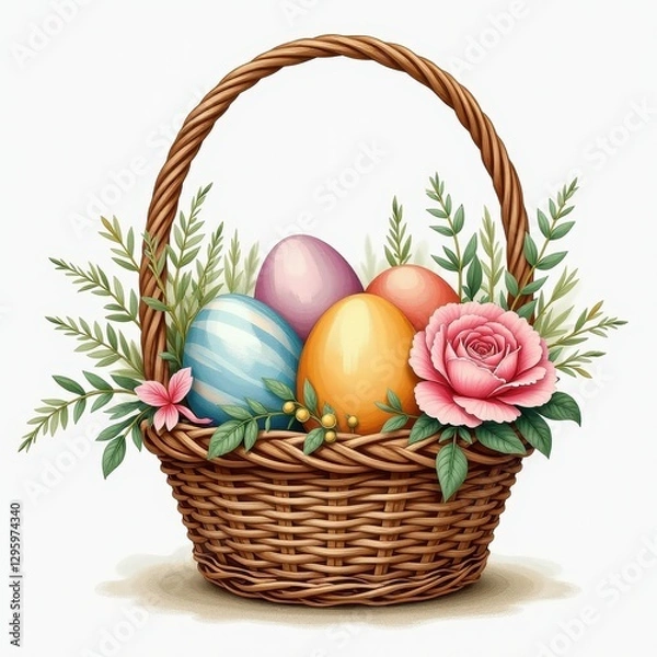 Fototapeta Vibrant Easter Eggs and Floral Wicker Basket: A Springtime Treat. A basket filled with colorful eggs and flowers.