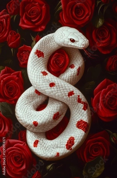 Obraz White snake among red roses.