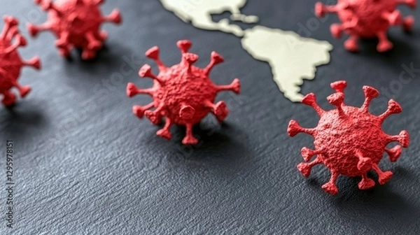 Fototapeta Red Virus Models on Black Surface with Map of Central America Background