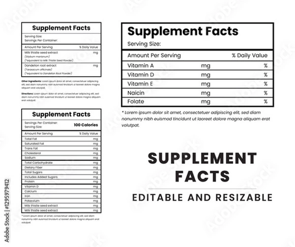 Obraz Supplement Facts and Vitamin Facts. Supplement Facts Label and Nutrition List. Editable and Resizable Templates of Supplement Facts.
