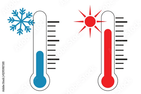 Obraz Hot and Cold Temperature Thermometer Icons with Sun and Snowflake