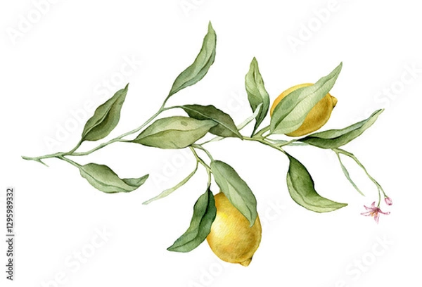 Fototapeta Lemon Fruit Branch with pink flower. Hand drawn watercolor illustration of yellow tropical citrus Food on white isolated background. Drawing of lemon tree with green leaves. Sketch of juicy for menu.