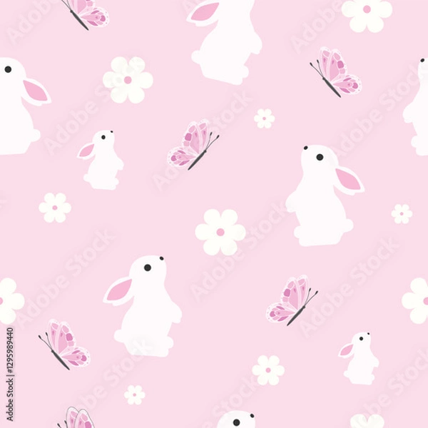 Fototapeta Cute Bunny Seamless Pattern,Pattern with butterfly,flowers and rabbit.pink background,vector illustration.