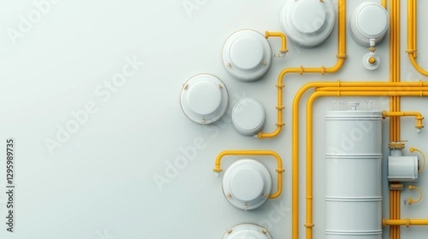 Fototapeta A yellow and white industrial pipe system with a white background