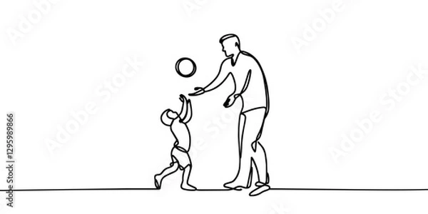 Obraz One single line drawing young dad running and playing football soccer with his son in public field park vector graphic illustration. Happy family parenting concept. Modern continuous line draw design