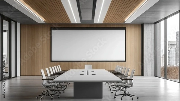 Fototapeta Large conference room with a white board and a long table with many chairs