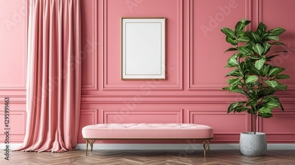 Obraz Pink room with a white framed picture on the wall and a pink couch