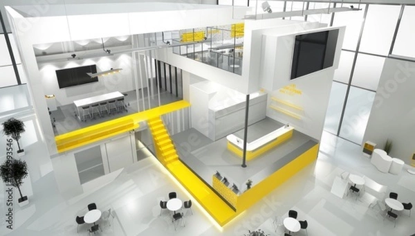 Fototapeta Building, montage, 3d project, installation trade show exhibition stand in pavilion.