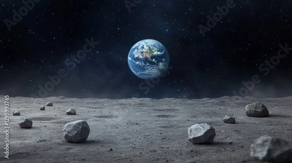 Fototapeta Earth View from Moon Surface with Rocks under Starry Sky