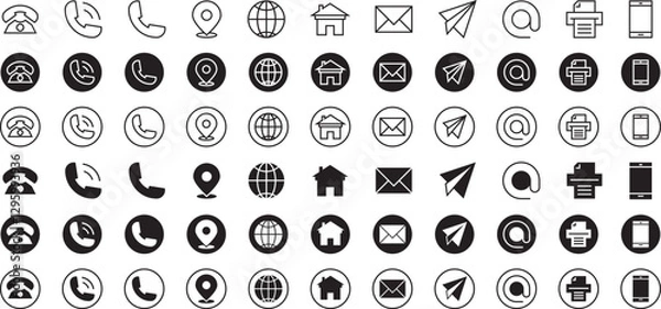 Obraz Black Contact Icon Set for Business Card. Line and Fill Vector Symbol. Contact Details Transparent Icon.