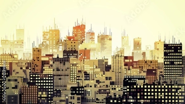 Fototapeta A nostalgic retro computer graphic of a pixelated cityscape.