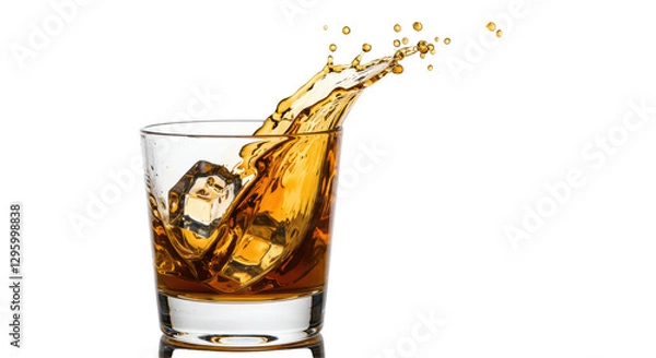 Fototapeta Isolated Whiskey splash with ice cubes