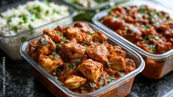 Obraz Delicious indian chicken curry in takeout containers with rice and herbs