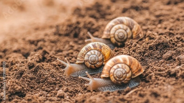 Fototapeta Snails Crawling on Earth with Natural Brown Background in Close-Up
