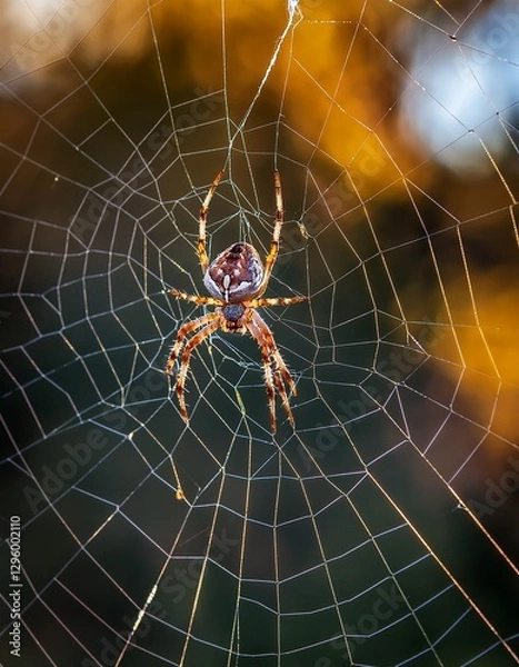 Fototapeta A hyper-detailed shot of a spider weaving its web, focusing on the tiny, almost invisible threads and delicate silk strands, showcasing the intricate craftsmanship of nature.