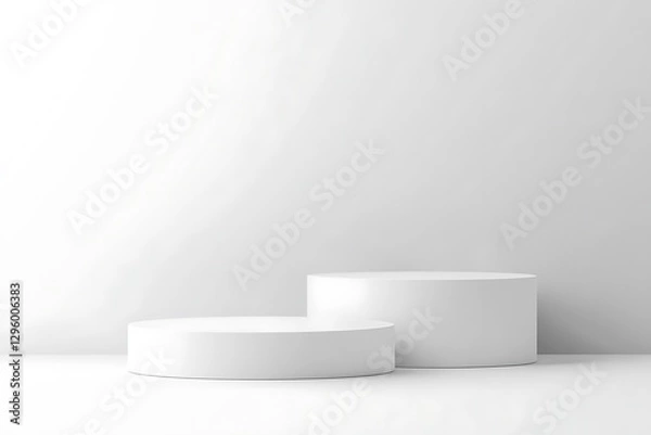 Fototapeta Two white cylindrical podiums against a white wall.