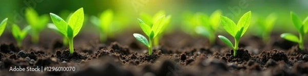 Fototapeta Row of freshly planted seedlings in a garden bed, greenery, soil, nature
