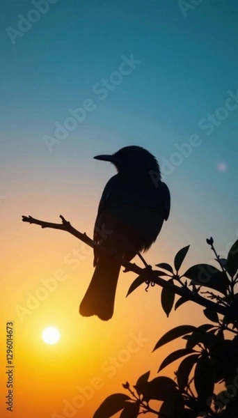 Obraz Silhouette of a bird perched on a branch against a clear blue sky at sunrise, forest, poultry, animals