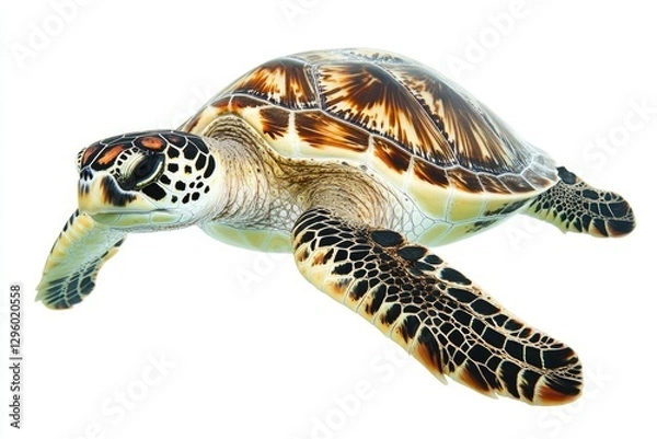 Fototapeta Isolated Hawksbill Turtle on a Pristine White Background, Showcasing Underwater Beauty and Aquatic Elegance