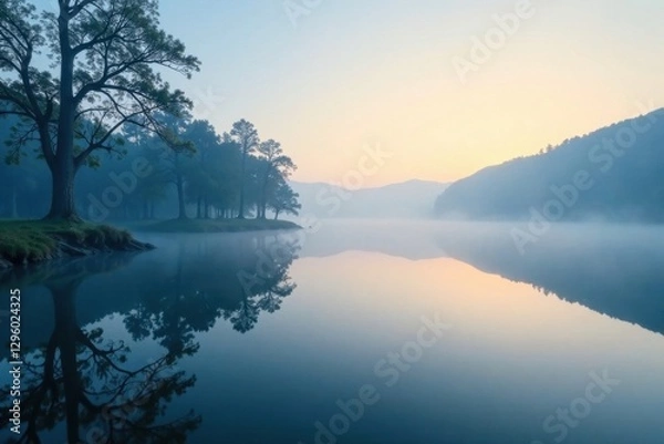 Obraz Soft blue mist rises from a tranquil lake at dawn, calm , morning, peaceful