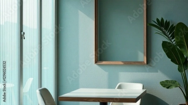 Fototapeta Serene Minimalist Interior Sunlight Illuminates a Simple Table and Chairs, Framed by a Pale Green Wall and Lush Greenery
