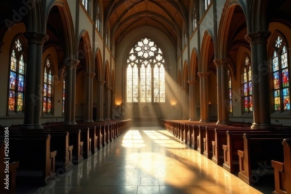 Fototapeta Sunbeams Illuminate Tranquil Church Sanctuary, Rows of Wooden Pews Extending Towards a Majestic Stained Glass Window