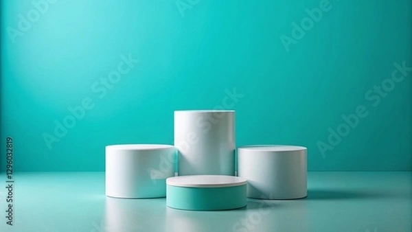 Fototapeta Abstract Cyan Background with Three White Cylinder Pedestals for Product Display - 3D Rendering Mockup