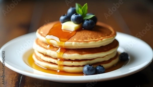 Fototapeta photograph of a single stack of fluffy pancakes served on a clean white plate