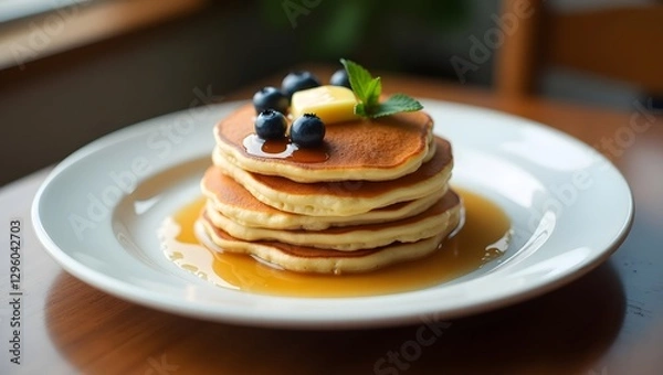 Fototapeta photograph of a single stack of fluffy pancakes served on a clean white plate