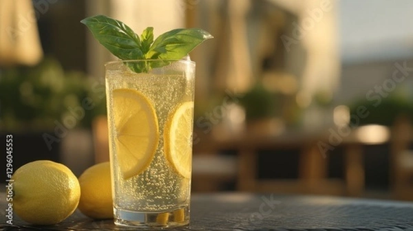 Fototapeta Refreshing lemon basil drink served in a glass on a sunny terrace with lemons in the foreground